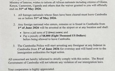 Guverinoma ya Cambodia yategetse Abanyafurika kuva muri icyo gihugu bitarenze tariki ya 31 Gicurasi.