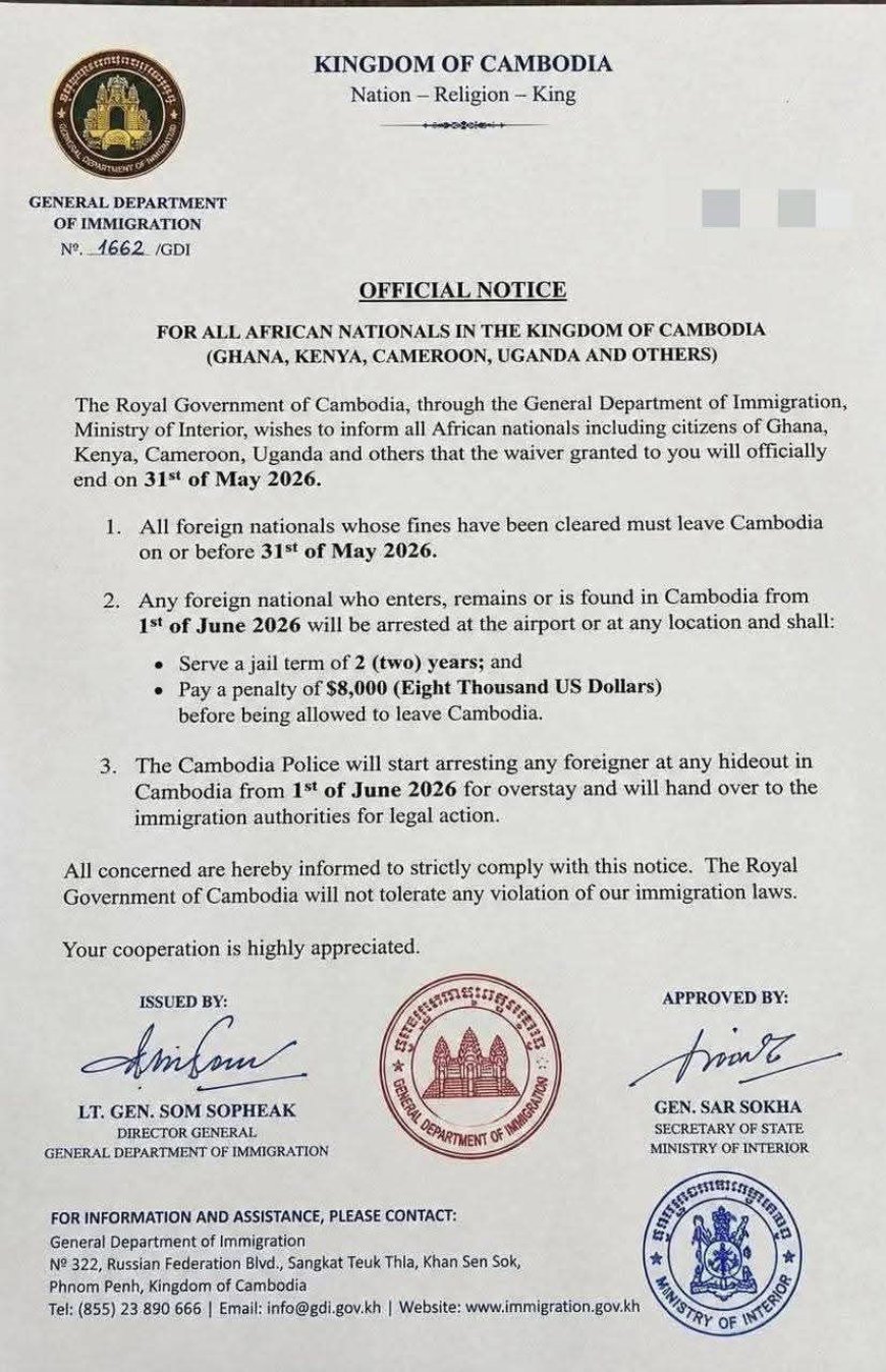 Guverinoma ya Cambodia yategetse Abanyafurika kuva muri icyo gihugu bitarenze tariki ya 31 Gicurasi.